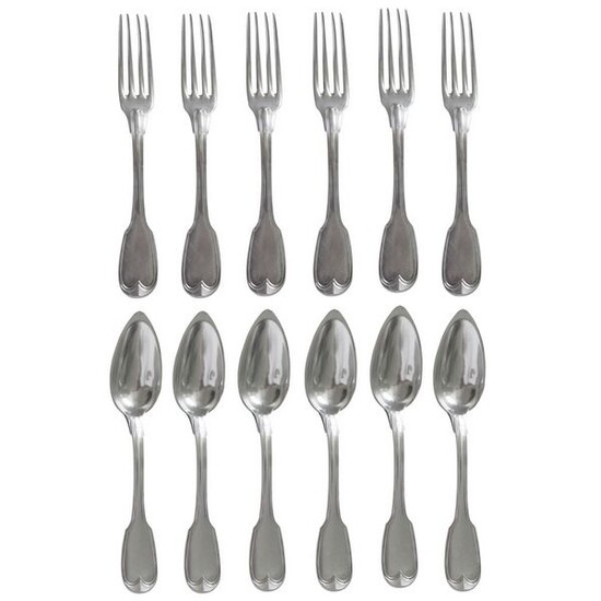 Cutlery set, cutlery set of 6 table cutlery in solid silver, Filet model, Minerva punch - period (12) - .950 silver - France - Late 19th century