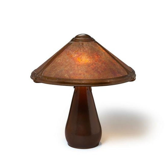 DIRK VAN ERP (1860-1933) Table Lamppost 1915hammered copper, mica, with open-box San Francisco m...