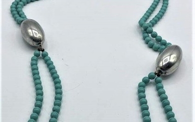 DOUBLE STRAND TURQUOISE BEADED LARGE STERLING NECKLACE