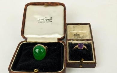 DRESS RINGS, comprising 9ct gold, jade cabouchon ring, size...