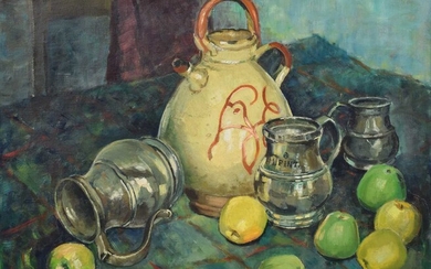 D.W. Lloyd (British 20th century) Still life with jugs and apples