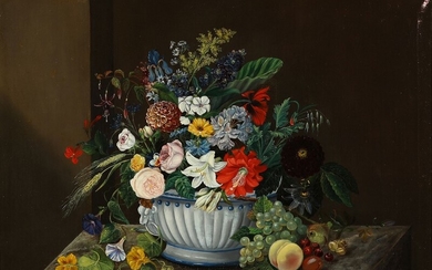 Danish painter, 19th centurys first half: Still life with fruits, grapes and a large bouquet on a stone sill. Unsigned. Oil on canvas. 75×95 cm.