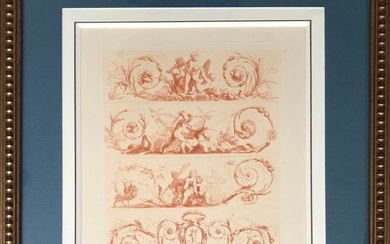 D'après SALEMBIER Projet de décors aux putti. Gravure en sépia 25,5 x 22,5 cm.