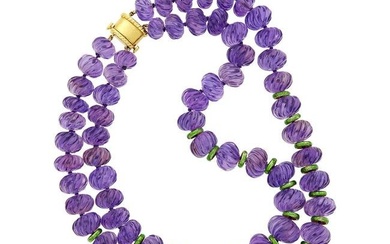 David Webb Double Strand Fluted Amethyst Bead and Green Enamel Necklace