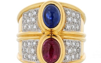 David Webb Platinum & 18K Yellow Gold Diamond Sapphire And Ruby Ring