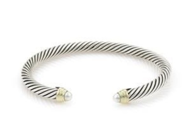 David Yurman Pearls Sterling 14k Yellow Gold Cable Cuff Bracelet