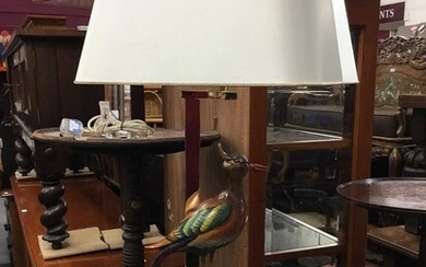 Decorative table lamp with enamelled bird mount and white shade