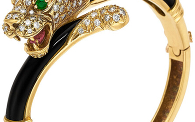Diamond, Emerald, Ruby, Black Onyx, Gold Bracelet, French Stones:...