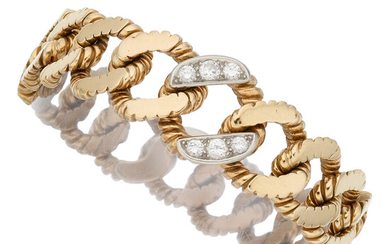 Diamond, Gold Bracelet The chain bracelet features full-cut diamonds...
