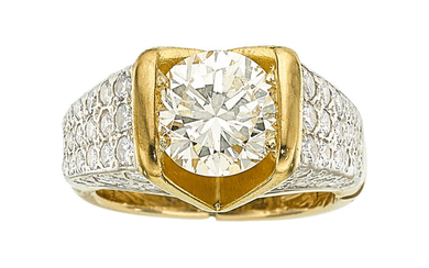 Diamond, Gold Ring The ring features a round brilliant-cut...