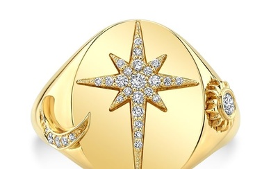 Diamond Pave Sun/moon/star Signet Oval Ring In 14k Yellow Gold, Size 6