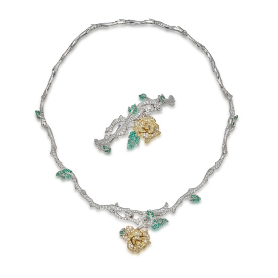 Dior Colored Diamond, Diamond and Emerald 'Rose Bagatelle' Necklace and Bracelet, France