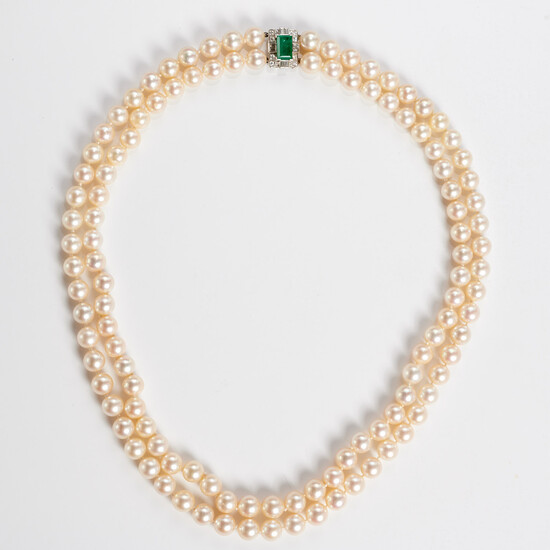 Double strand cultured pearls with emerald clasp