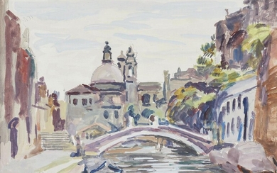 Duncan Grant, British 1885-1978 - Bridge over Canal, Venice, 1955; gouache on paper, signed with initials and dated lower left 'DG 1955', 24.5 x 33.5 cm (ARR) Provenance: Anthony D'Offay Gallery, London; Dr. Krikler, purchased from the above in...