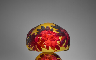 EMILE GALLÉ (1846-1904) Rare 'Rhododendrons' Table Lampcirca 1925mold-blown and cameo glass, patinated bronze, the base and shade signed Galléheight 18 1/2in (47cm); diameter of shade 14 1/4in (36.2cm)
