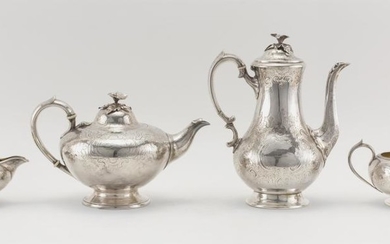ENGLISH STERLING SILVER ASSEMBLED FOUR-PIECE TEA SERVICE Rococo-style teapot and creamer, 1847. John Eley, maker. Also marked for re...
