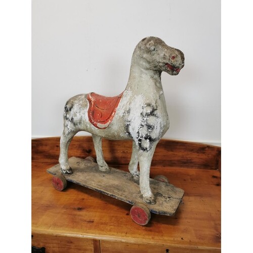 Early 20th C. hand painted paper mache childs hobby horse on...