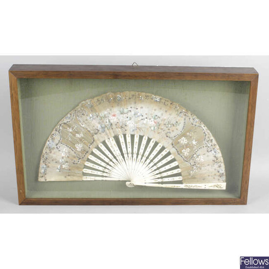 Early 20th century ladies handheld painted and sequinned fan.
