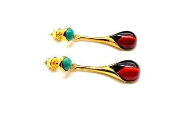 Earrings Genuine Baltic amber Turquoise in sterling silver 24K gold plated - Amber - Succinite