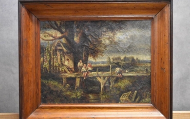 Ecole du XIXème siècle, Enfants au pont, huile sur toile. Signé Gaubil & Cie au...