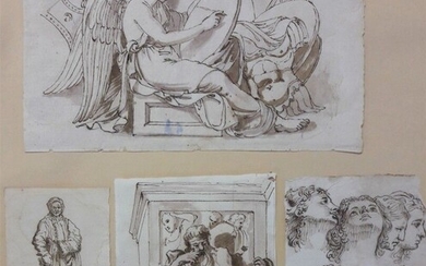 Ecole française du XVIIIème siècle. Ensemble de 8 petits dessins à l'encre et lavis sur...