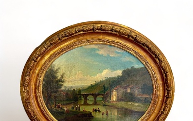Ecole française du premier tiers du XIXe siècle La Baignade sous le Pont Huile sur...