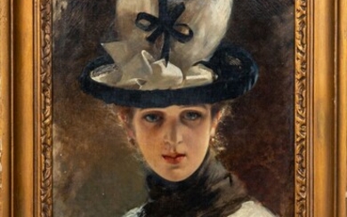 École française ou anglaise du XIXe siècle. Portrait d'élégante au chapeau et à l'écharpe. Huile...