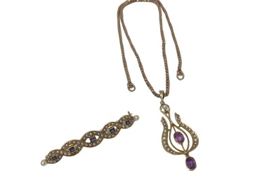 Edwardian 14K gold sapphire and seed pearl bar brooch and similar amethyst and seed pearl pendant on gilt metal chain