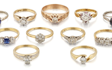 Eleven diamond and gem set rings, comprising: an early 20th...