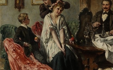 Emanuel Spitzer: Interior with a young woman preparing for a ball. Signed Emanuel Spitzer. Oil on canvas. 119×87 cm.
