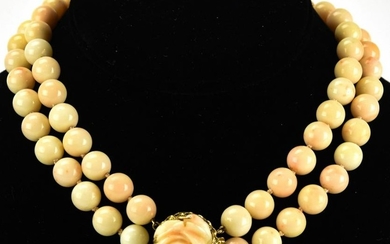 Estate 14k Gold Carved Coral Hand Knotted Necklace