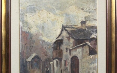 Esterno di casale con figura, olio su tela, cm 75x55, XX secolo, entro cornice.