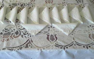 Excellent banquet towel with lace and wonderful embroidery 250 cm x 170 cm (13) - Cotton, Linen - Second half 20th century