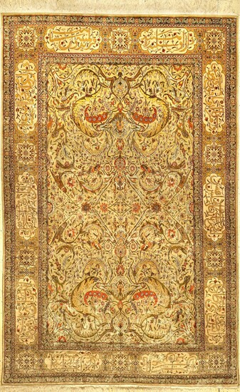 Exceptionally Fine Silk & Metal-Thread Hereke Carpet...