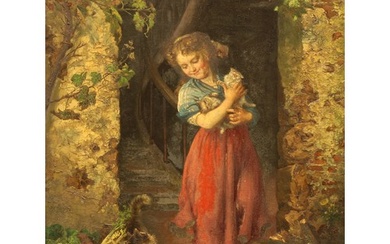 F.A. Phillips (1835-1903) Pets, a girl with cat and kittens,...