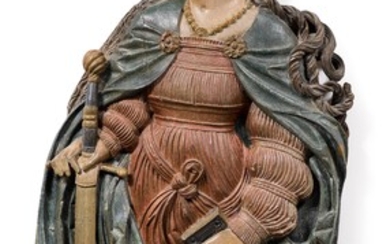 FIGURE DE ST-CATHARINE EN RELIEFSuisse, probablement Soleure, vers 1580/1600.Bois sculpté en demi-relief et fixé et...