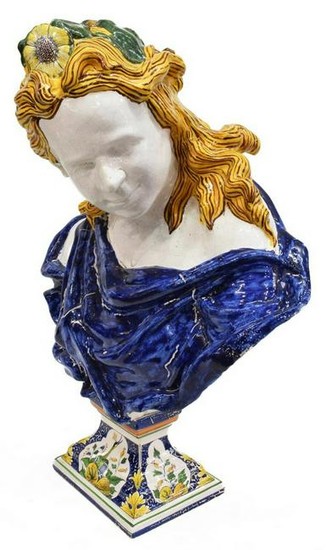 FINE 19THC. FRENCH FAIENCE BUST OF APOLLO, 28"H