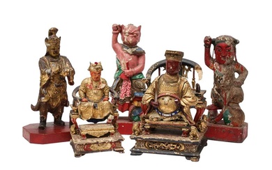 FIVE CHINESE LACQUERED AND PAINTED WOOD FIGURES 明或後期 木雕加彩人物像五件