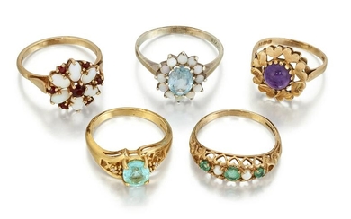 FIVE GEMSET RINGS, to include an 18ct aquamarine ring