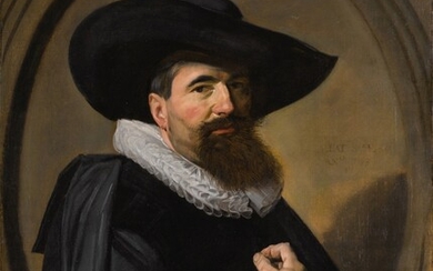 FRANS HALS | PORTRAIT OF A MAN, HALF-LENGTH IN BLACK, WITH A BROAD-BRIMMED BLACK HAT AND A WHITE RUFF, HOLDING HIS GLOVES, WITHIN A PAINTED OVAL