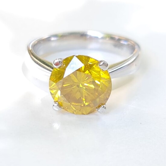 Fancy Vivid Orang Yellow Diamond ring - 14 kt. White gold - Ring - 3.90 ct Diamond - 3.90 carat Fancy Vivid Orang Yellow / VS
