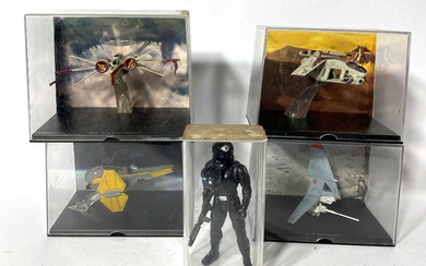 Four Star Wars Diecast Model Ships & One Figure in Display Cases including Anakin's Starfighter
