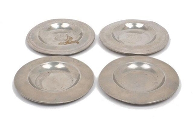 Four small pewter dishes comprising: two 19th century examples by S. Orford, London, c.1825, the undersides inscribed 'George Inn Hampton Court', and two examples with unidentified marks to rims, all four dishes approx. 11.7cm dia. (4)