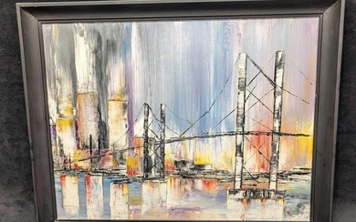 Framed Abstract Bridge Original Oil On Panel