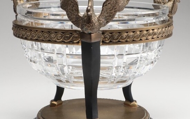French Empire Style Antiqued Brass Swan and Crystal Centerpiece Bowl