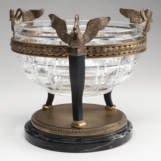 French Empire Style Antiqued Brass Swan and Crystal Centerpiece Bowl
