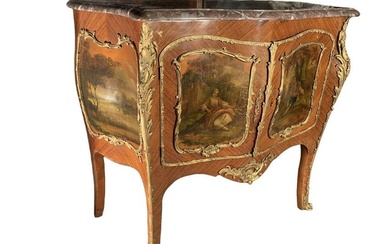 French Hand Painted Gilded Bronze Marble Commode