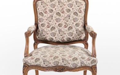French Louis XV Style Carved Wood and Upholstered Armchair, Mid-20th Century