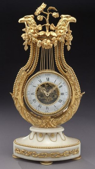 French gilt bronze lyre shaped mantel clock