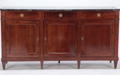 French nineteenth century Directoire style mahogany sideboard with marble top. Ht: 39" Wd: 75" Dpth
